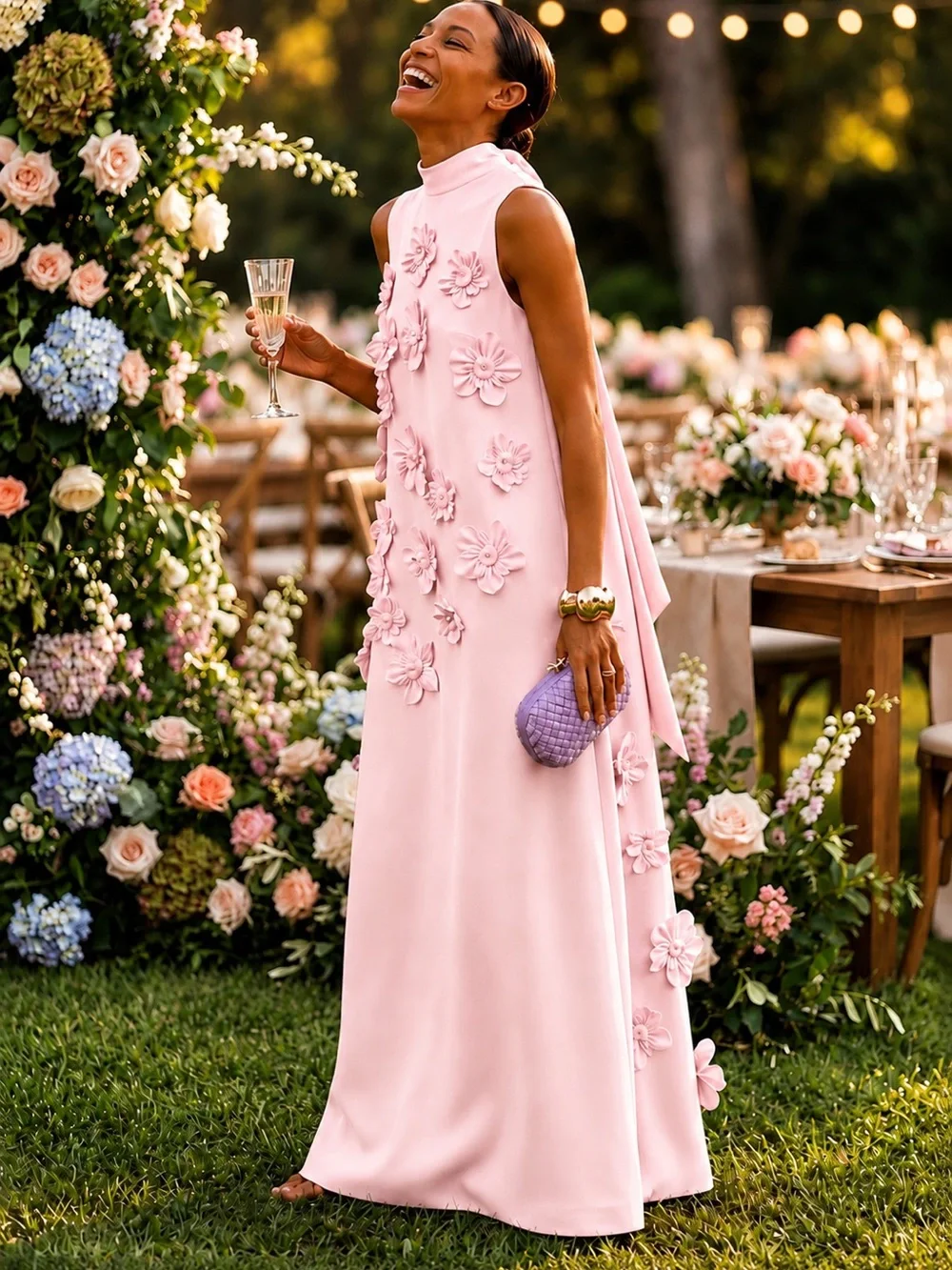 NWT Boutique Romantic Blush Pink 3D Floral Appliqué Maxi Gown 12